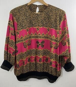 Jo Hanna York Joan Davis Women Blouse Top 20P Shoulder Pads Silky Retro VTG 80s